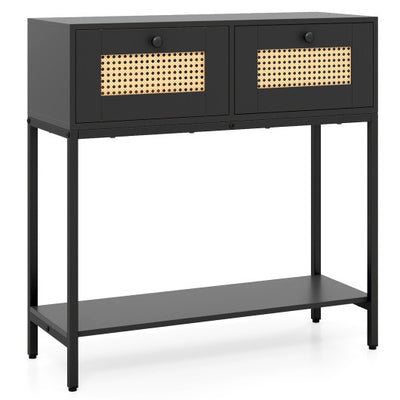 Rattan Console Table Boho Entryway Table with 2 Rattan Drawers and Open Storage Shelf-Black