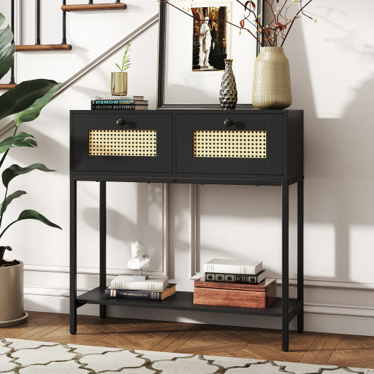 Rattan Console Table Boho Entryway Table with 2 Rattan Drawers and Open Storage Shelf-Black