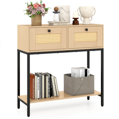Rattan Console Table Boho Entryway Table with 2 Rattan Drawers and Open Storage Shelf-Oak
