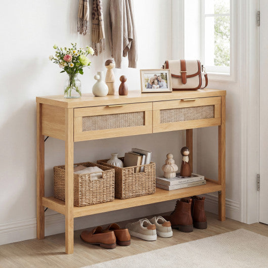 Rattan Console Table with 2 Drawers and Bottom Shelf-Natural