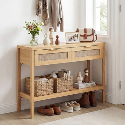 Rattan Console Table with 2 Drawers and Bottom Shelf-Natural