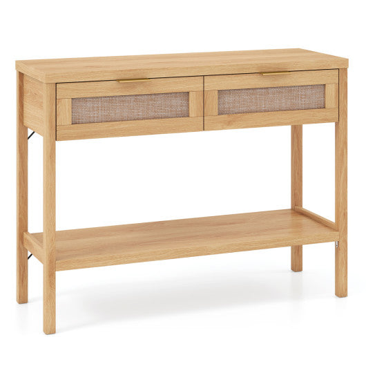 Rattan Console Table with 2 Drawers and Bottom Shelf-Natural