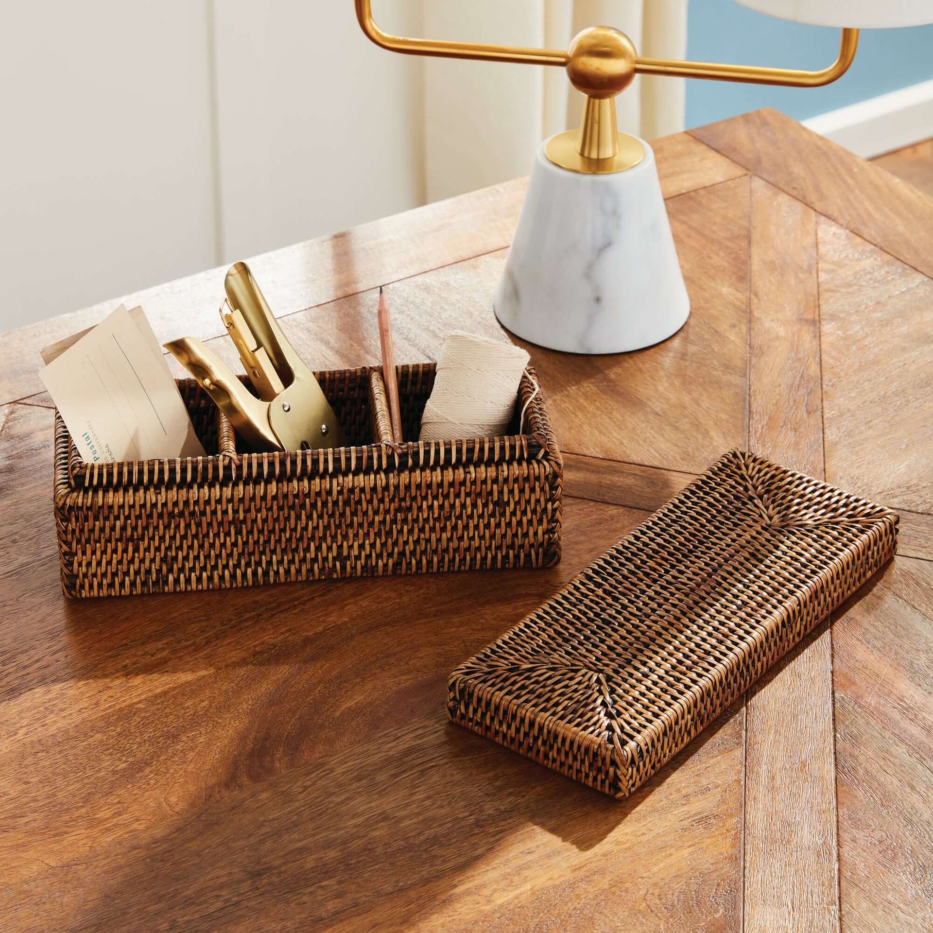 Rattan Desk Organizer with Lid and Compartments