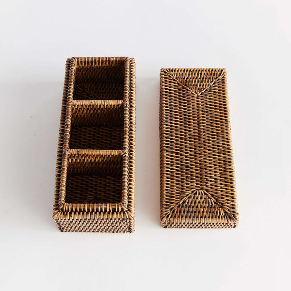 Rattan Desk Organizer with Lid and Compartments