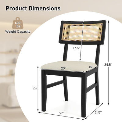 Rattan Dining Chairs Set of 4 Fabric Upholstered Kitchen Chairs with Padded Seat and Rubber Wood Legs-Black