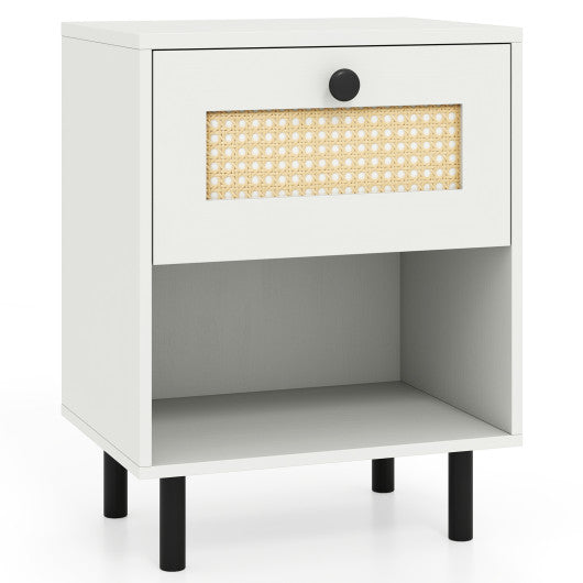Rattan Nightstand Boho End Table with Rattan Drawer and Open Shelf-White