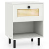 Rattan Nightstand Boho End Table with Rattan Drawer and Open Shelf-White - White