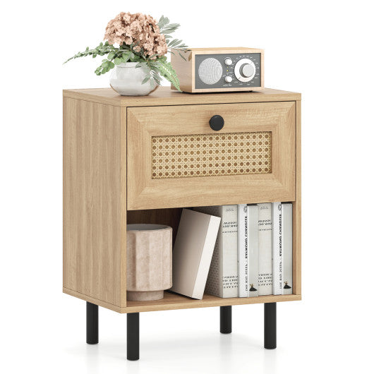 Rattan Nightstand Boho End Table with Rattan Drawer and Open Shelf-Natural