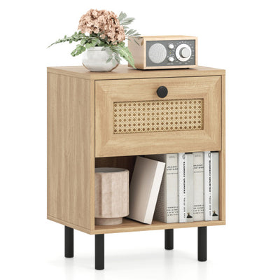 Rattan Nightstand Boho End Table with Rattan Drawer and Open Shelf-Natural
