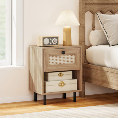 Rattan Nightstand Boho End Table with Rattan Drawer and Open Shelf-Natural