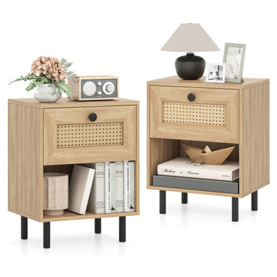 Rattan Nightstand Boho End Table with Rattan Drawer and Open Shelf Set of 2-Natural