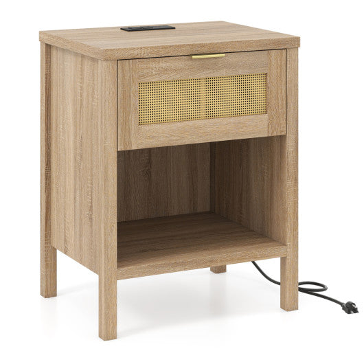 Rattan Nightstand with Charging Station and Storage Shelf for Bedroom-Oak