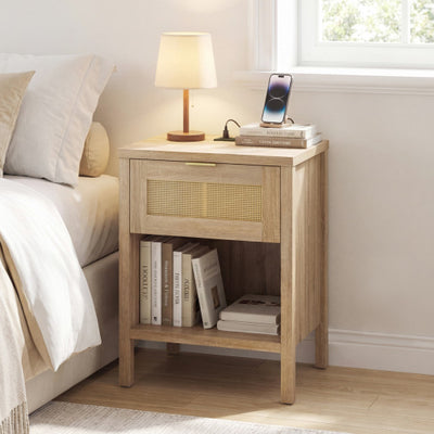 Rattan Nightstand with Charging Station and Storage Shelf for Bedroom-Oak