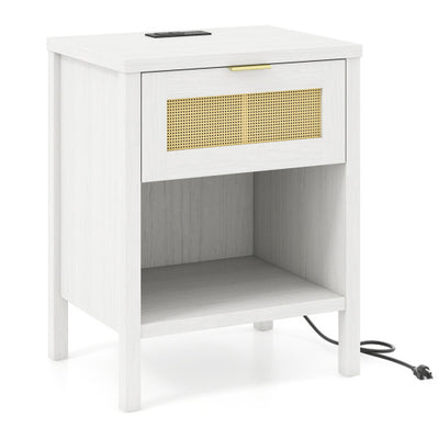 Rattan Nightstand with Charging Station and Storage Shelf for Bedroom-White