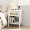 Rattan Nightstand with Charging Station and Storage Shelf for Bedroom-White