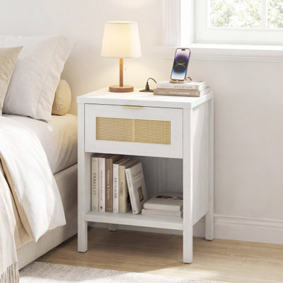 Rattan Nightstand with Charging Station and Storage Shelf for Bedroom-White