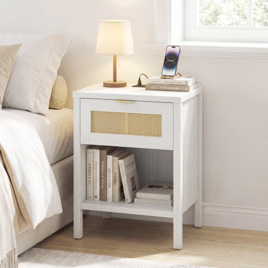 Rattan Nightstand with Charging Station and Storage Shelf for Bedroom-White