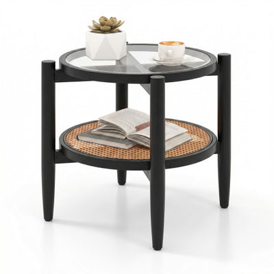 Rattan Round Side End Table with Tempered Glass Tabletop-Black