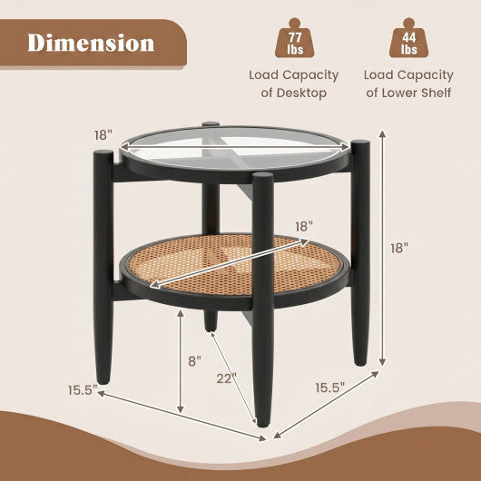 Rattan Round Side End Table with Tempered Glass Tabletop-Black