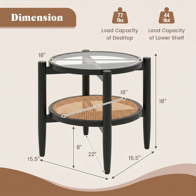 Rattan Round Side End Table with Tempered Glass Tabletop-Black