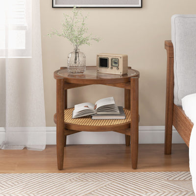 Rattan Round Side End Table with Tempered Glass Tabletop-Walnut