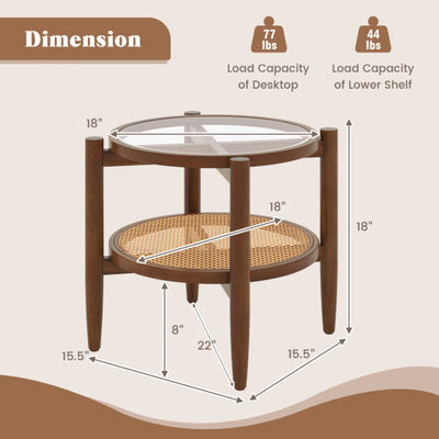 Rattan Round Side End Table with Tempered Glass Tabletop-Walnut
