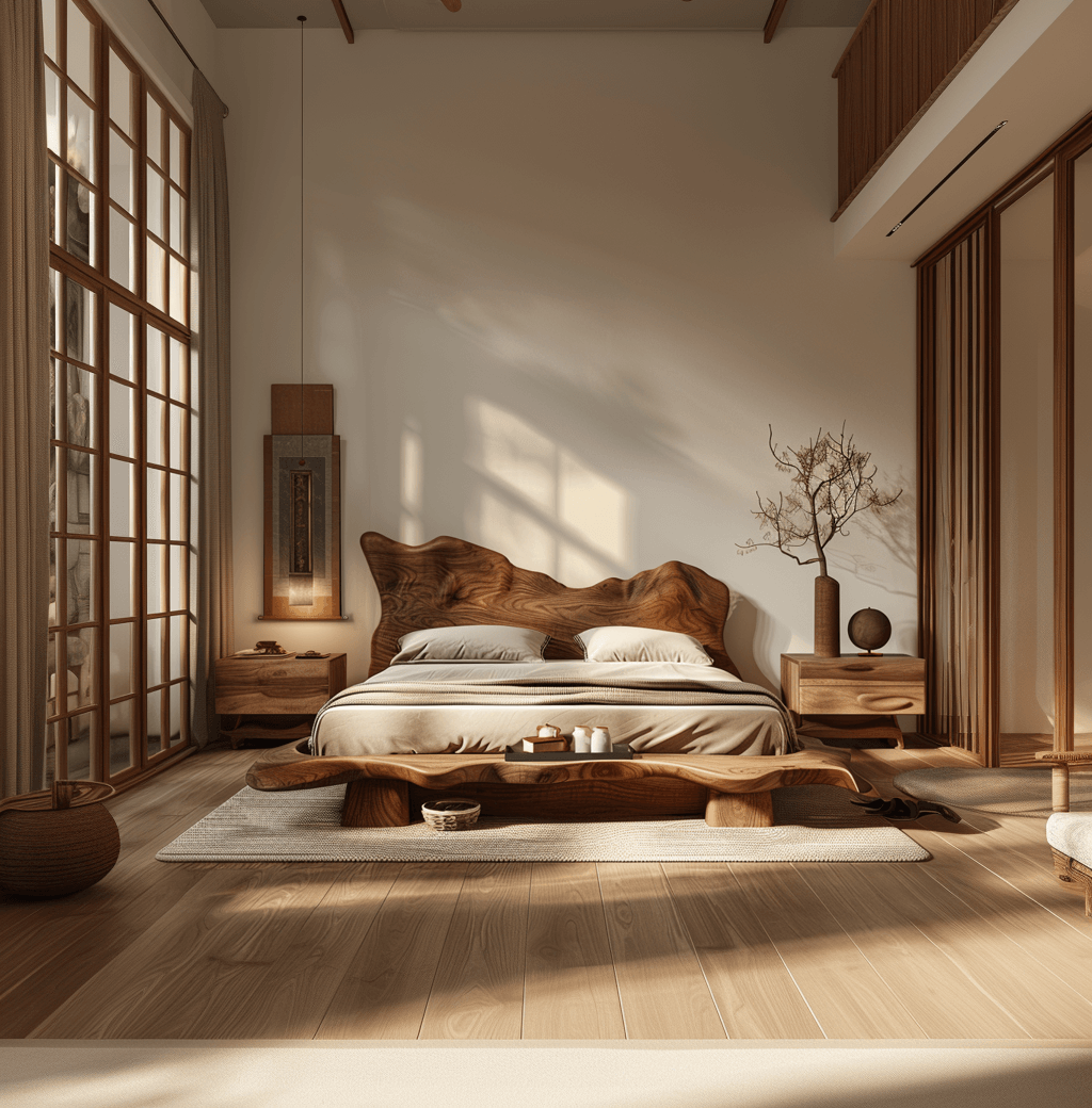 Raw Flow Zen Solid Wood Headboard with Integrated Bed Frame