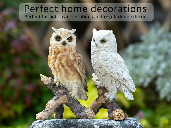 Realistic White Owl Garden Statue Perched on Branch