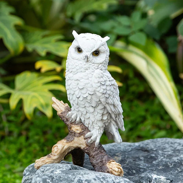 Realistic White Owl Garden Statue Perched on Branch