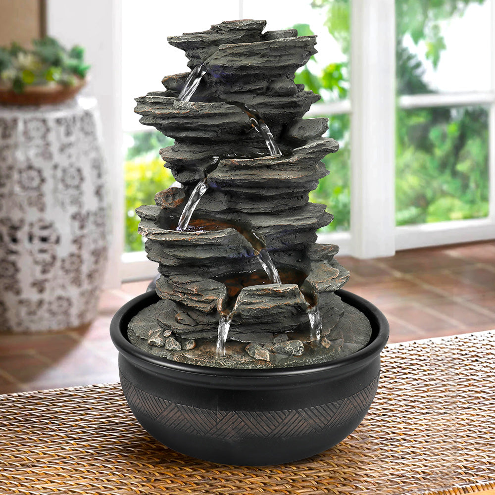 Resin 6 Tier Slate Tabletop Water Fountain 15 Inch LED
