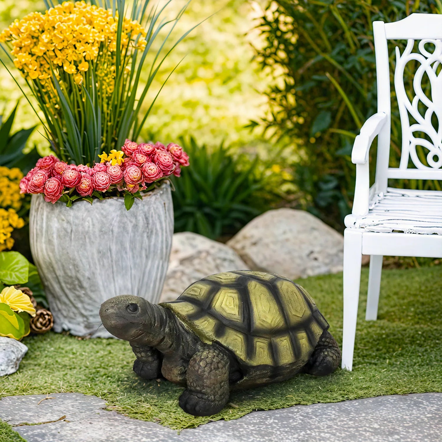 Concrete Turtle Garden Statues Painted Shell 16 Inch