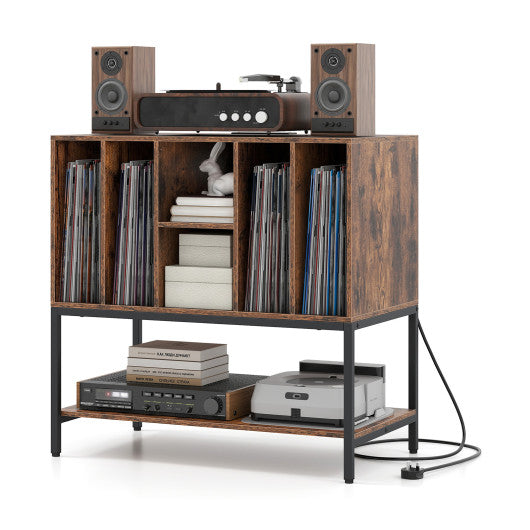 Record Player Stand with Charging Station and Metal Frame-Rustic Brown