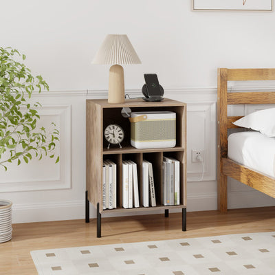 Record Player Stand with Record Storage Shelf and Charging Station-Natural