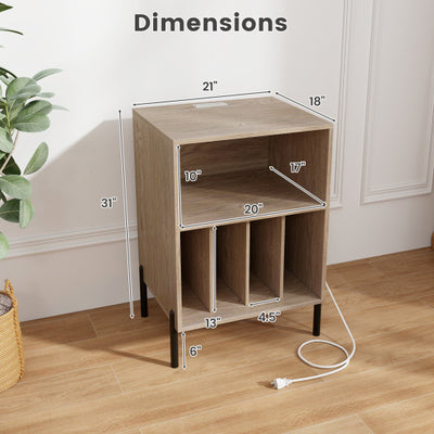 Record Player Stand with Record Storage Shelf and Charging Station-Natural