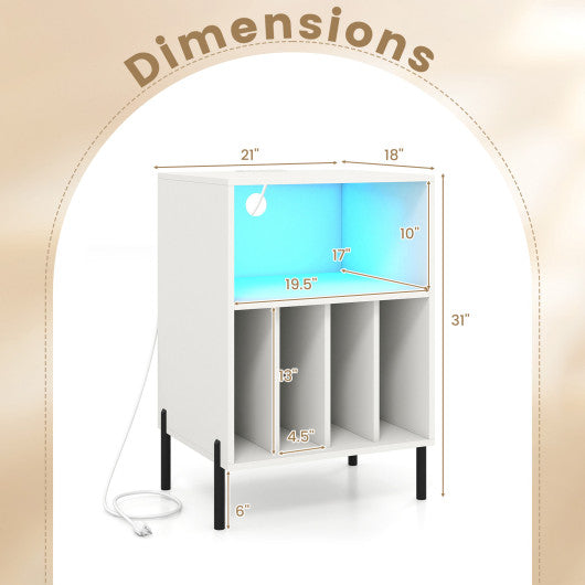 Record Player Stand with LED Light and Charging Station-White