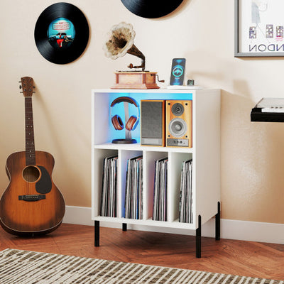 Record Player Stand with LED Light and Charging Station-White
