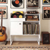 Record Player Stand with Power Outlets and Vinyl Storage Holder up to 250 Albums-White