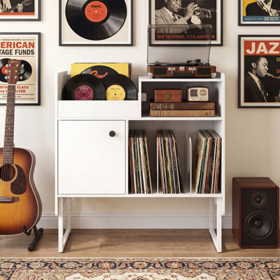 Record Player Stand with Power Outlets and Vinyl Storage Holder up to 250 Albums-White