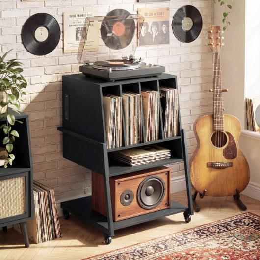 Record Player Stand on Wheels Rolling Turntable Stand with Power Outlets-Black