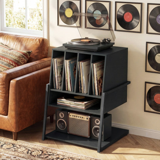 Record Player Stand on Wheels Rolling Turntable Stand with Power Outlets-Black