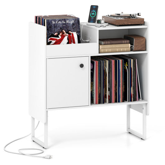 Record Player Stand with Power Outlets and Vinyl Storage Holder up to 250 Albums-White