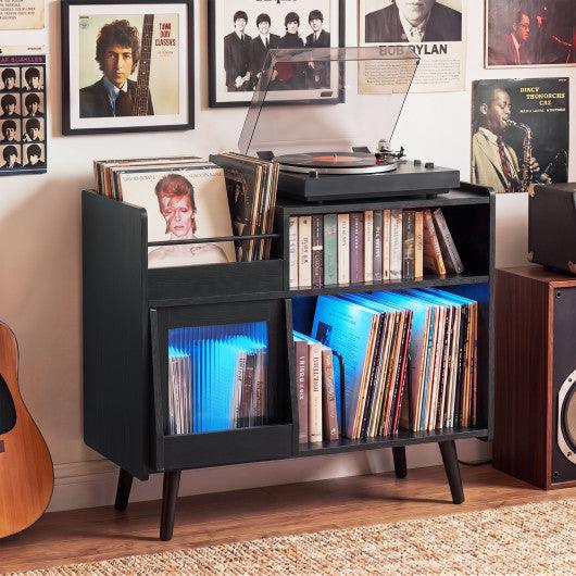 Record Player Stand with LED Light and Power Outlets-Black