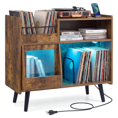 Record Player Stand with LED Light and Power Outlets-Rustic Brown