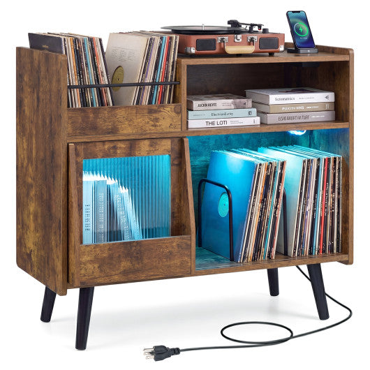 Record Player Stand with LED Light and Power Outlets-Rustic Brown