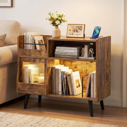 Record Player Stand with LED Light and Power Outlets-Rustic Brown