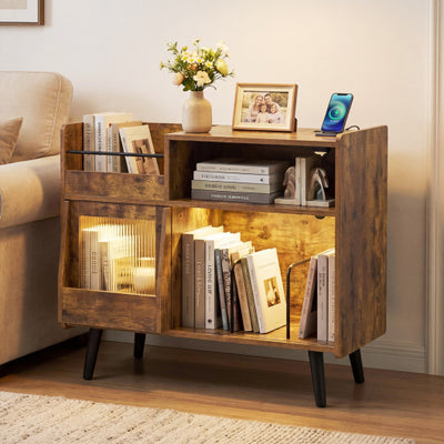 Record Player Stand with LED Light and Power Outlets-Rustic Brown