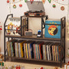 Record Player Stand with Power Outlets and Vinyl Storage and Dividers for Albums-Rustic Brown