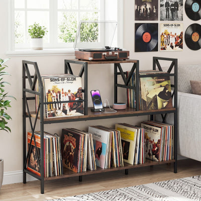 Record Player Stand with Power Outlets and Vinyl Storage and Dividers for Albums-Rustic Brown