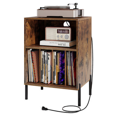 Record Player Stand with Record Storage Shelf and Charging Station-Coffee