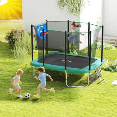Rectangle Outdoor Trampoline 10 x 8 FT Heavy-Duty Trampoline with Basketball Hoop-Green
